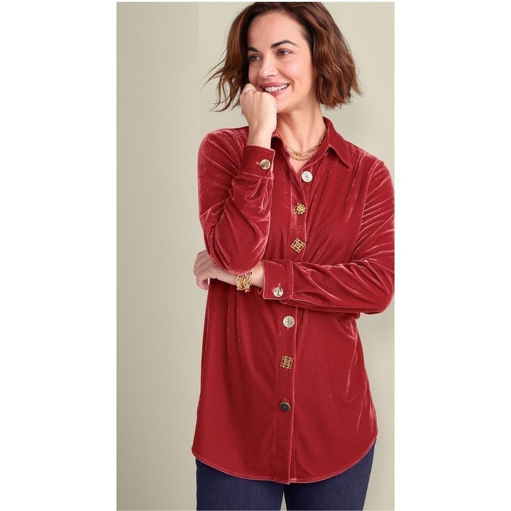 Women's Soft Surroundings Filigree Velvet Boyfriend Button Down Shirt M Red - Picture 4 of 8